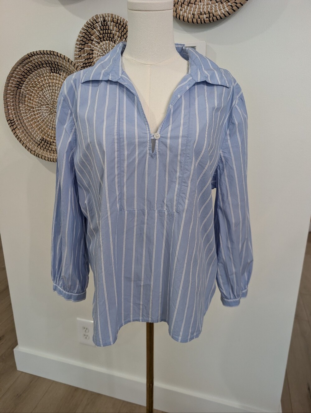 LOFT Blue White Striped Cotton 3/4 Sleeve Tunic Blouse Large